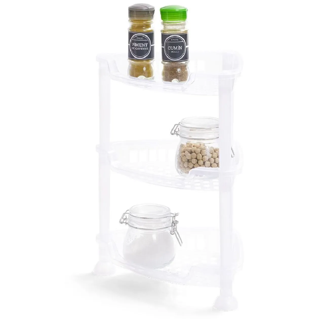 Étagère d'angle à poser 3 niveaux plastique transparent 28x20xH.33,5cm