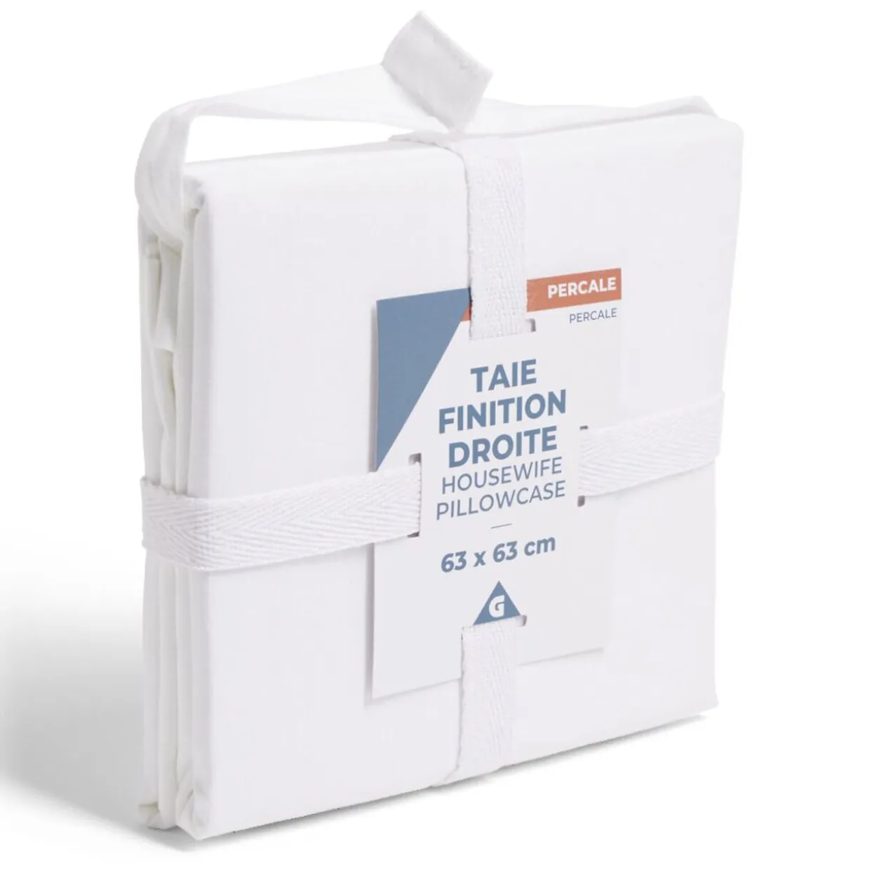 Taie d'oreiller 63x63cm 100% coton percale finition droite blanc