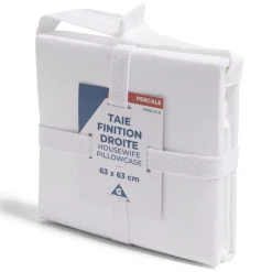 Taie d'oreiller 63x63cm 100% coton percale finition droite blanc