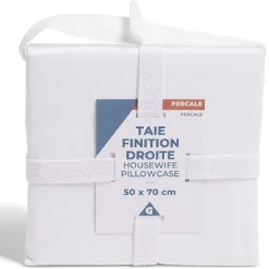 Taie d'oreiller 50x70cm 100% coton percale finition droite blanc