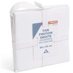 Taie d'oreiller 50x70cm 100% coton percale finition droite blanc