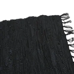 Tapis à franges Chindi Cuir noir rectangulaire