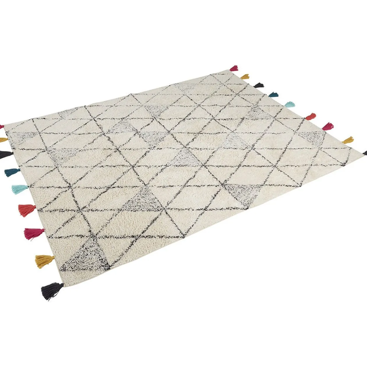 Tapis à pompons multicolores motif losange noir