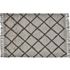 Tapis ethnique à frange beige motif losange marron
