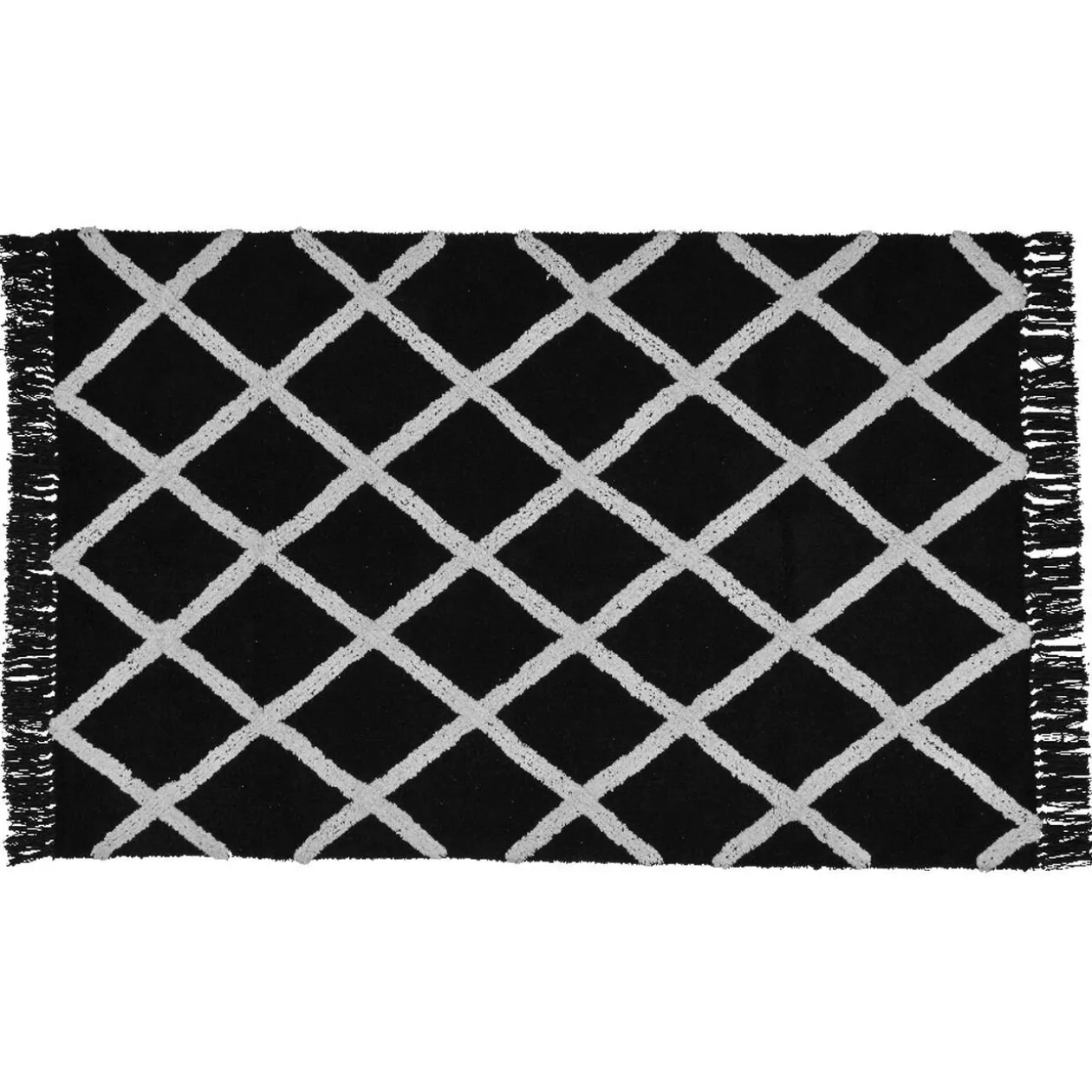 Tapis ethnique à frange noir motif losange blanc
