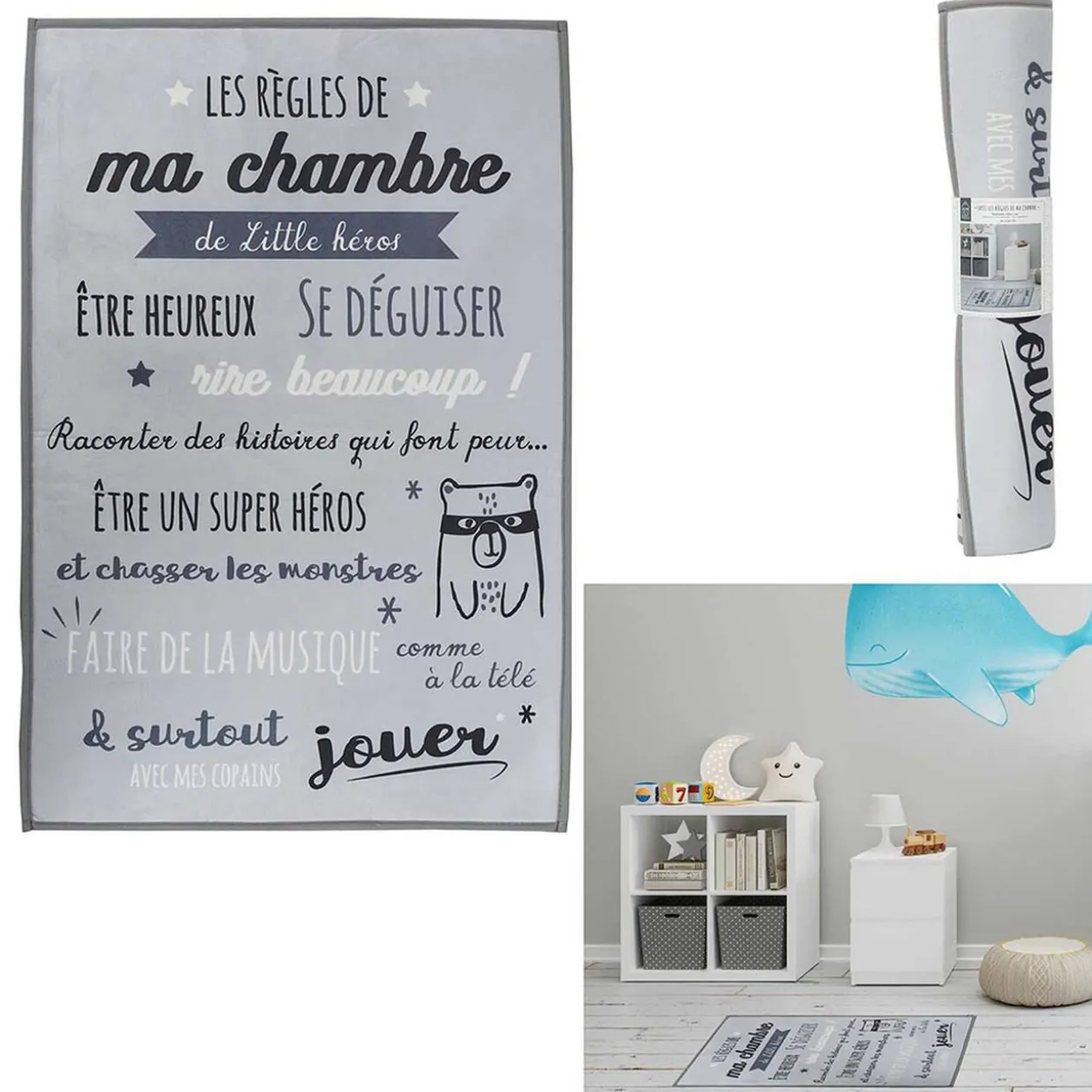 Tapis garçon Les règles de ma chambre Little Héros gris 60x90cm