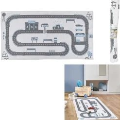 Tapis imprimé circuit voiture blanc gris bleu 140x70cm