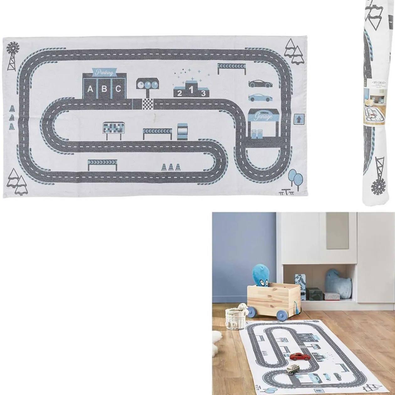 Tapis imprimé circuit voiture blanc gris bleu 140x70cm