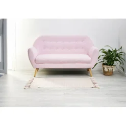 Tapis imprimé et pompons rose et beige