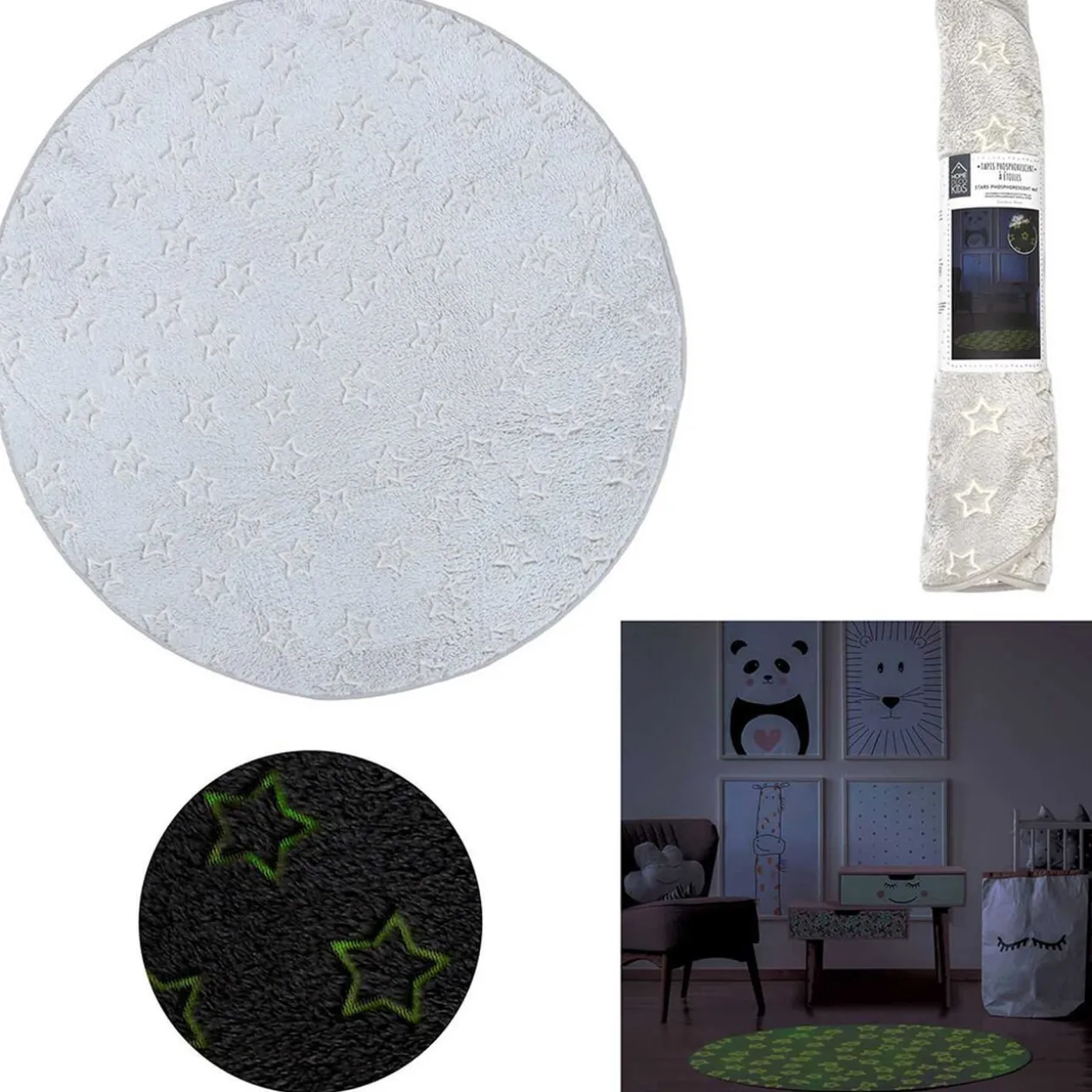 Tapis phosphorescent rond motif etoile gris Ø70cm