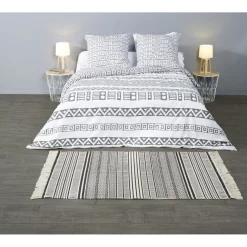 Tapis rectangulaire à franges imprimé ethnique beige et noir