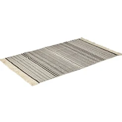 Tapis rectangulaire à franges imprimé ethnique beige et noir