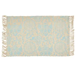 Tapis rectangulaire à franges jute imprimé ethnique bleu