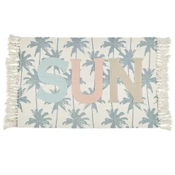Tapis rectangulaire à franges motif palmier inscription Sun