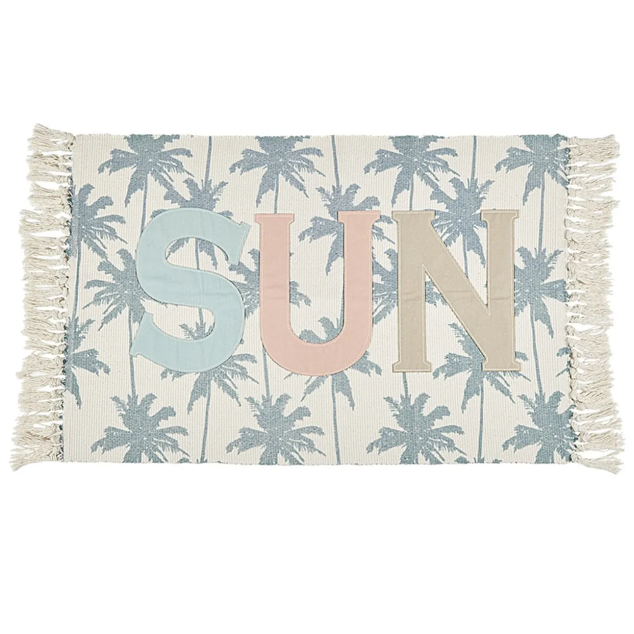 Tapis rectangulaire à franges motif palmier inscription Sun