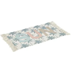 Tapis rectangulaire à franges motif palmier inscription Sun