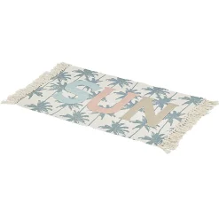 Tapis rectangulaire à franges motif palmier inscription Sun