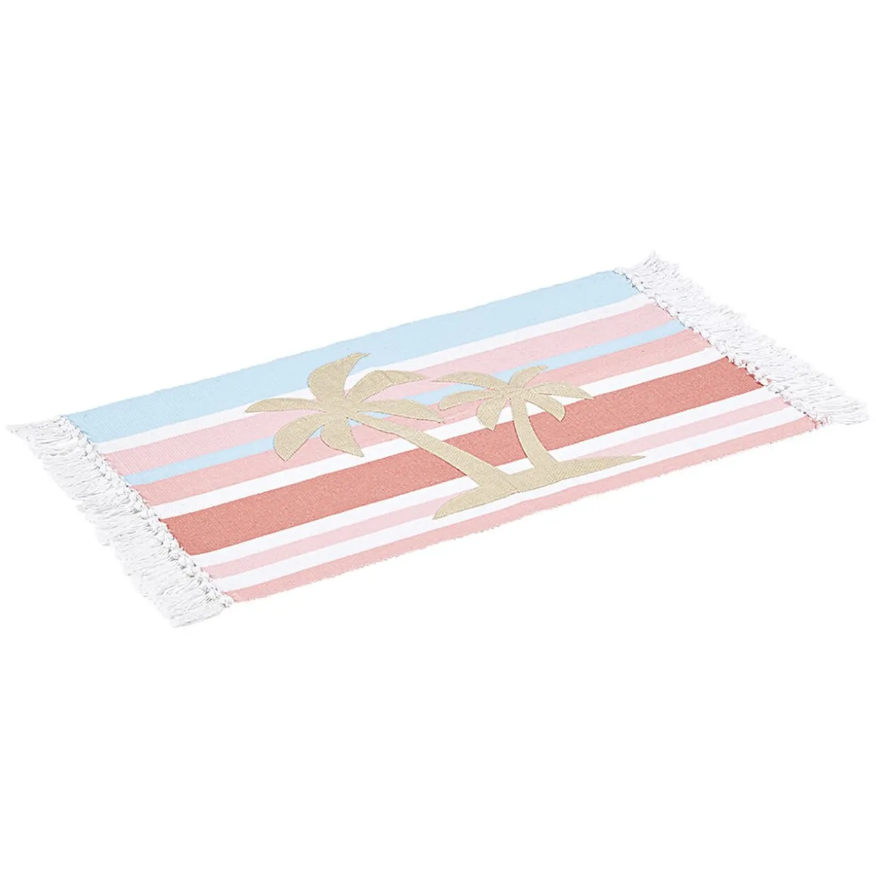 Tapis rectangulaire à franges imprimé rayure palmier blanc rose bleu
