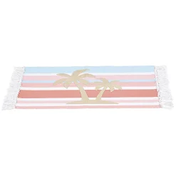 Tapis rectangulaire à franges imprimé rayure palmier blanc rose bleu