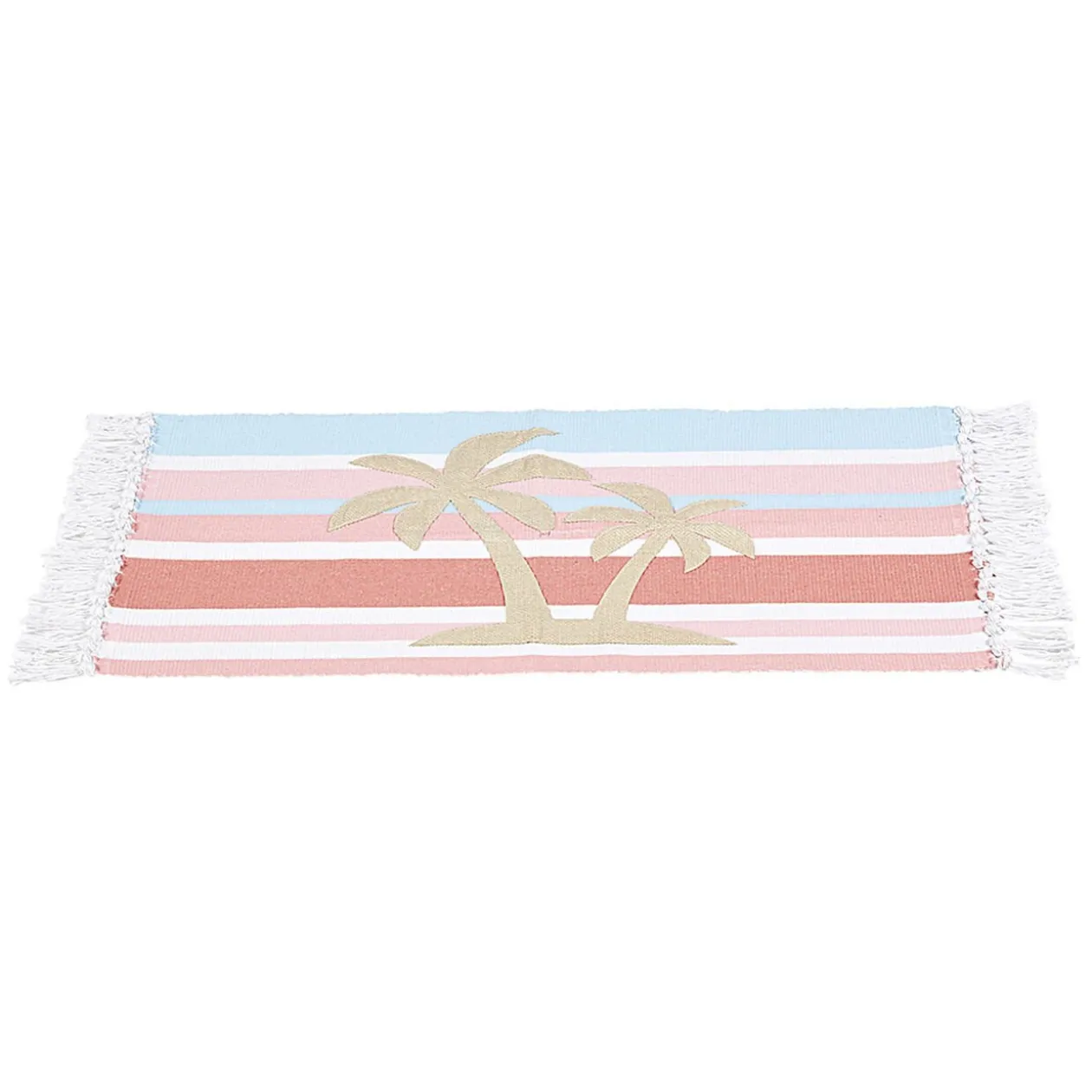 Tapis rectangulaire à franges imprimé rayure palmier blanc rose bleu