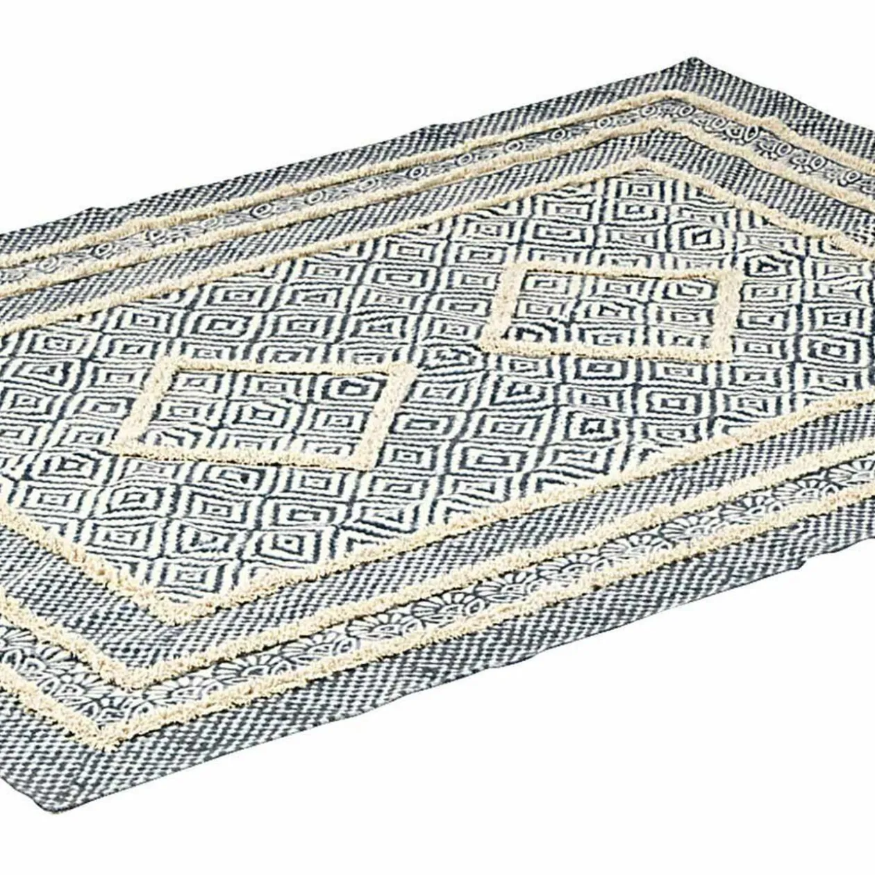 Tapis rectangulaire tufté motif losange bleu blanc beige