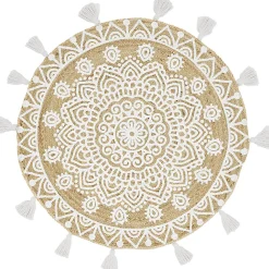 Tapis rond à franges jute naturel motif rosace blanc