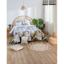 Tapis rond à franges jute naturel motif rosace blanc