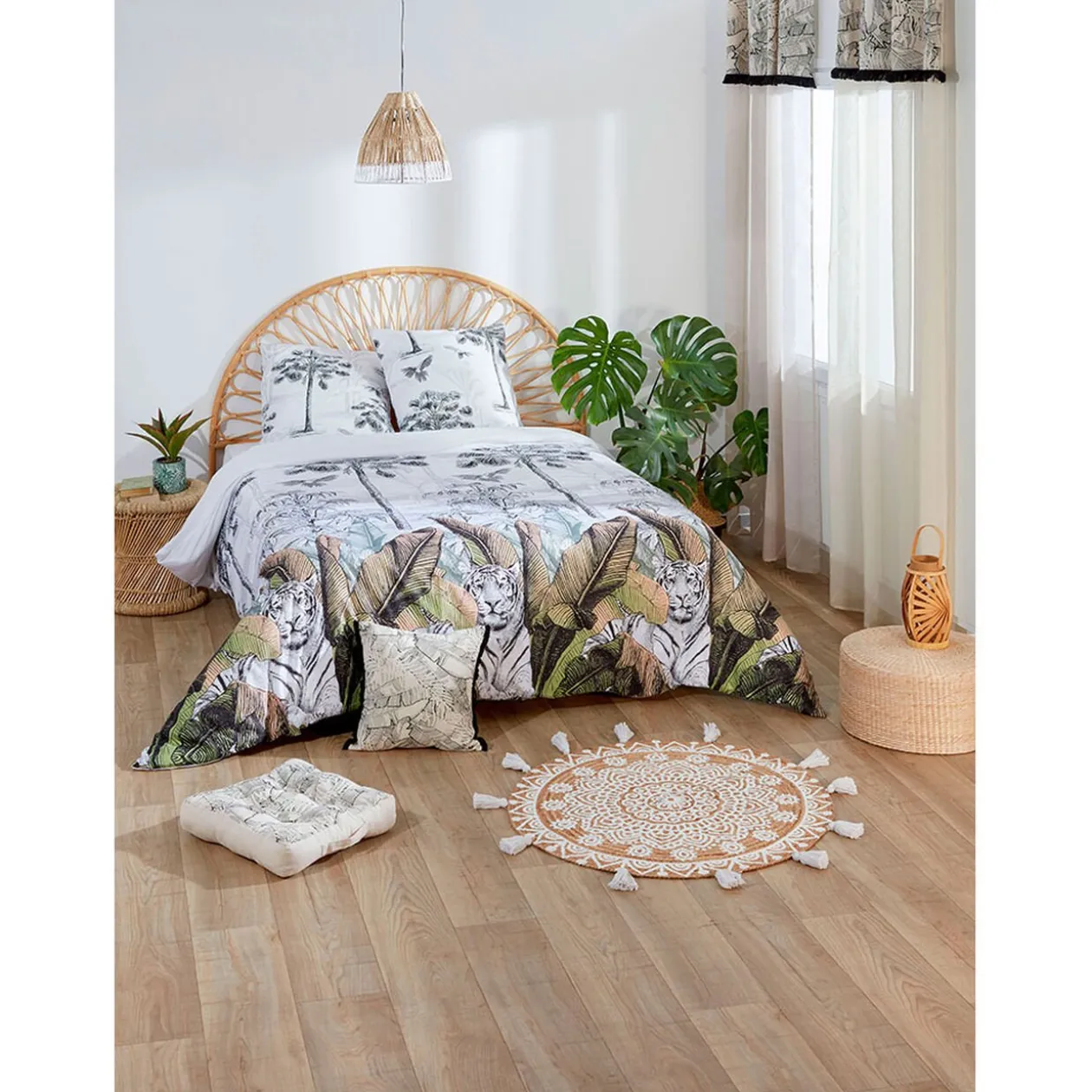 Tapis rond à franges jute naturel motif rosace blanc