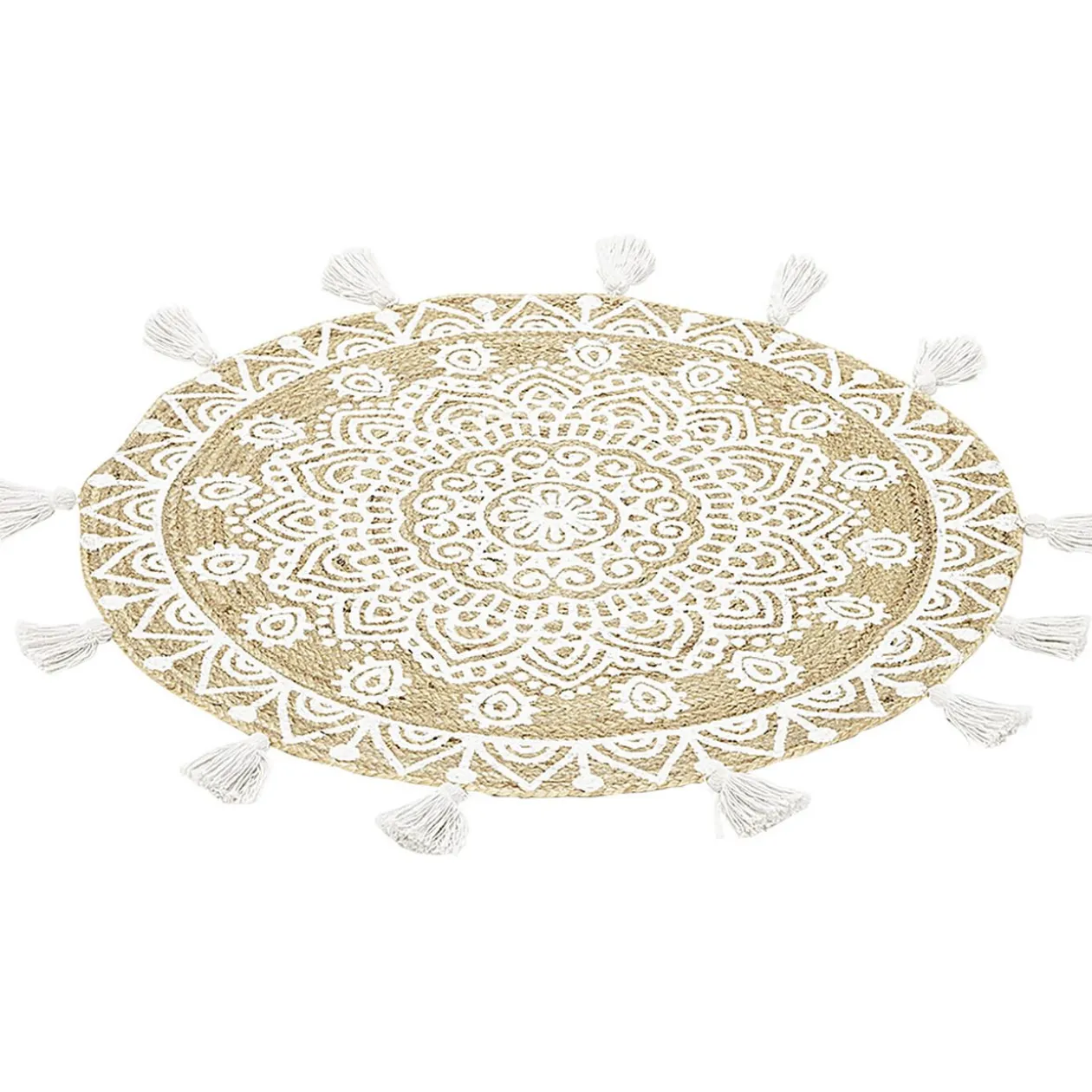 Tapis rond à franges jute naturel motif rosace blanc