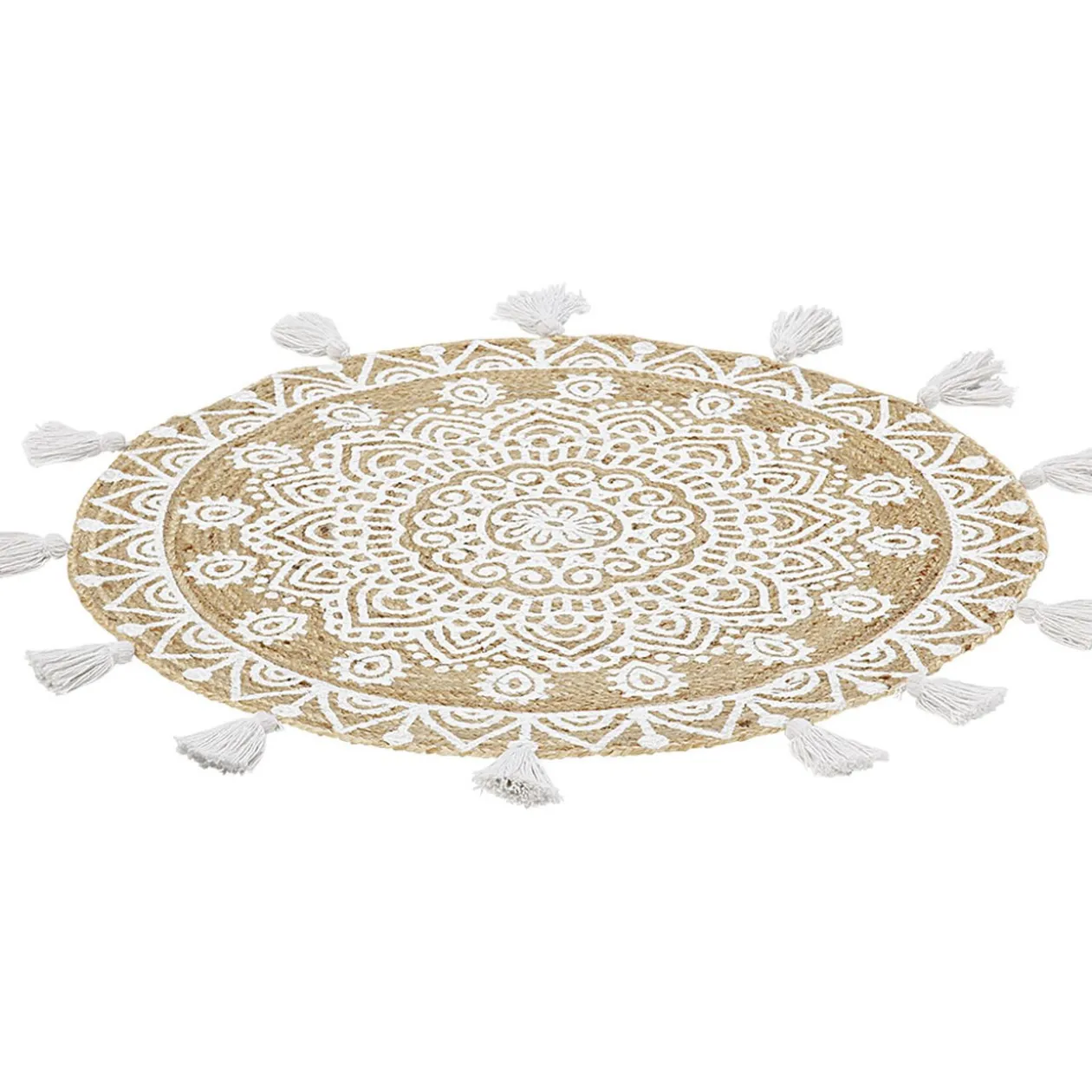 Tapis rond à franges jute naturel motif rosace blanc