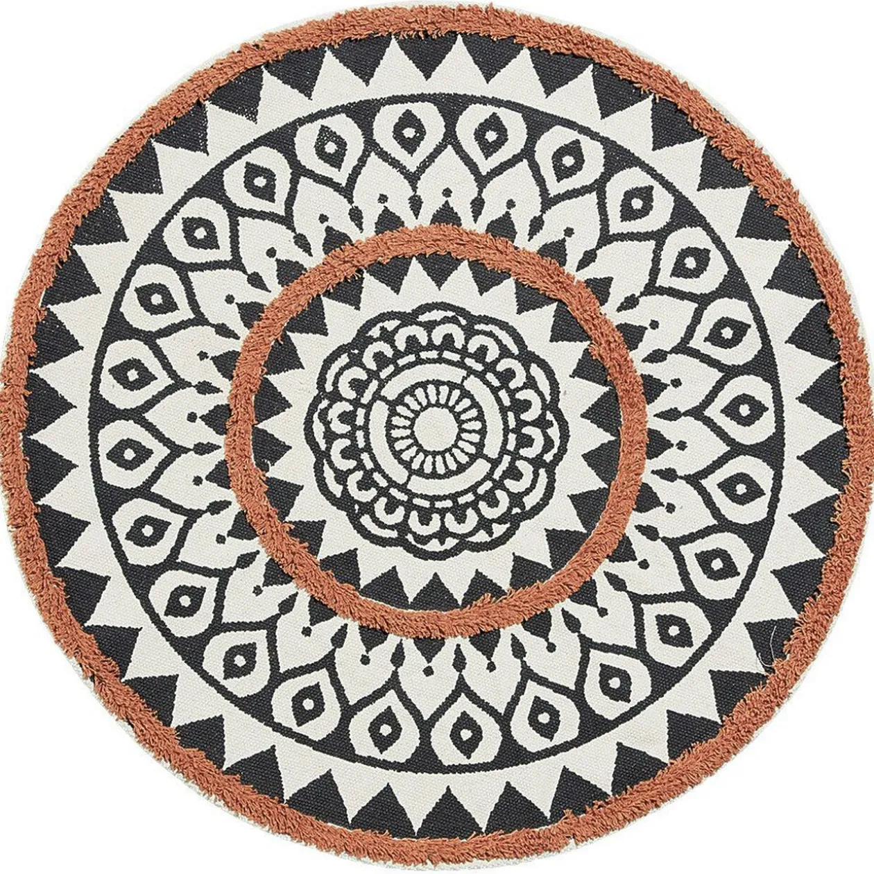 Tapis rond imprimé ethnique tufté noir orange