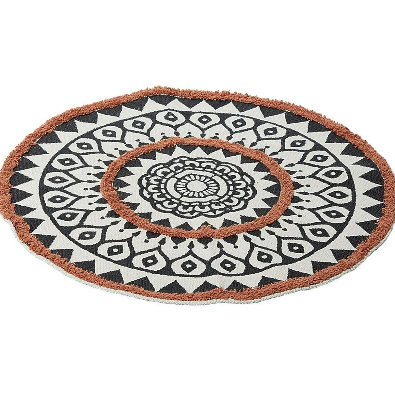 Tapis rond imprimé ethnique tufté noir orange