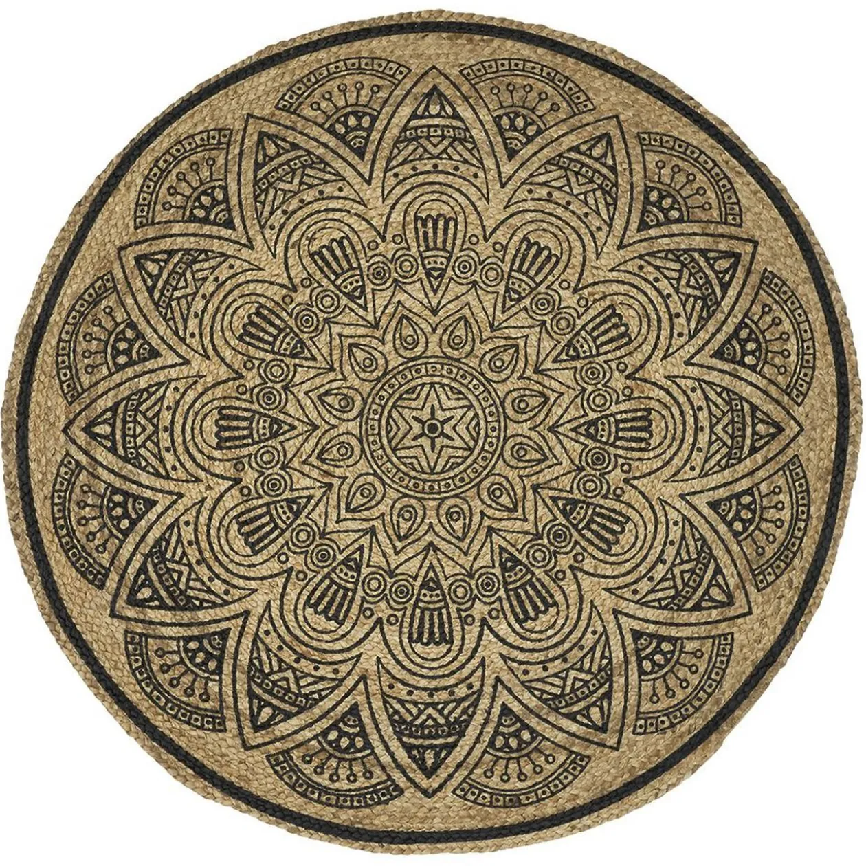 Tapis rond jute naturel imprimé rosace noir Ø100cm