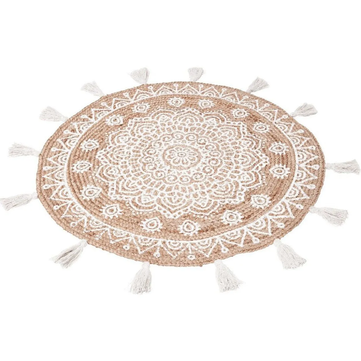 Tapis rond naturel motif ethnique pompons blancs