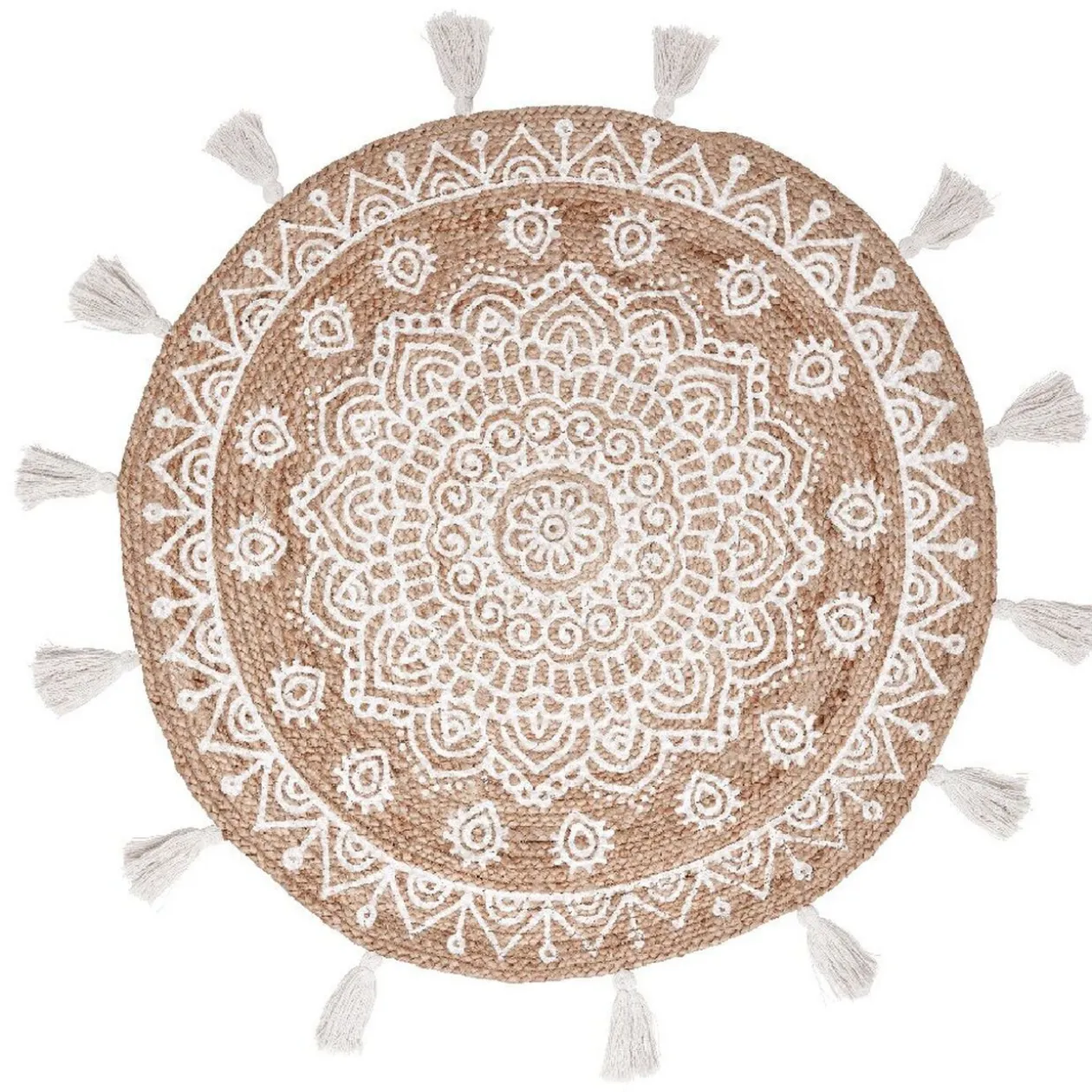 Tapis rond naturel motif ethnique pompons blancs