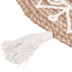 Tapis rond naturel motif ethnique pompons blancs