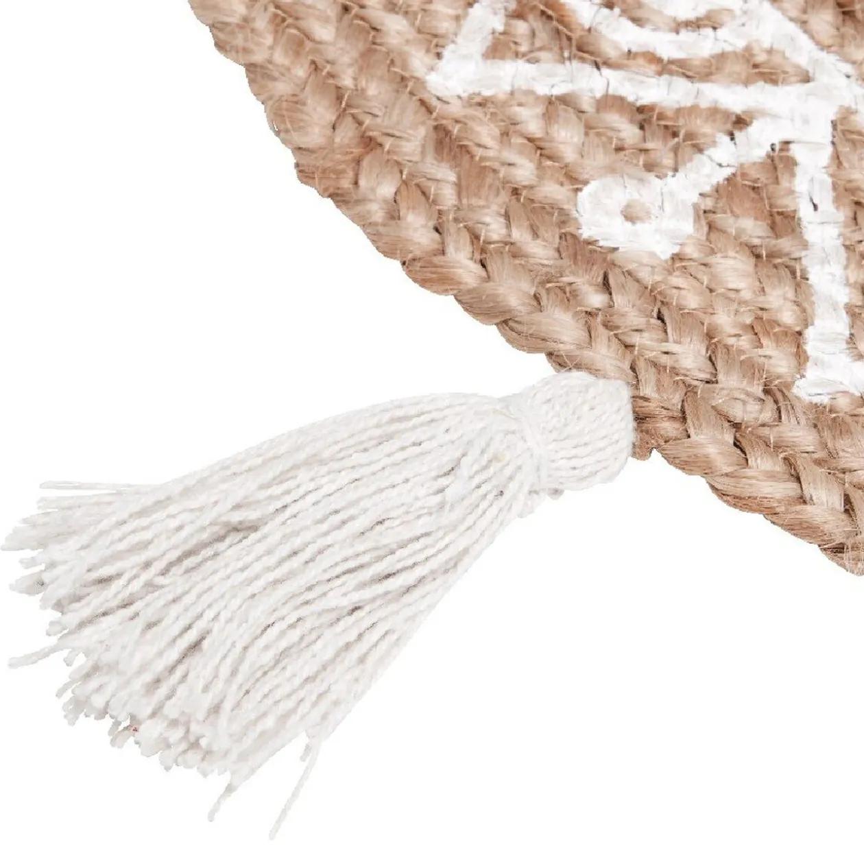 Tapis rond naturel motif ethnique pompons blancs