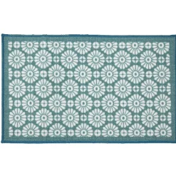 Tapis rétro vert à fleurs blanches bord bleu