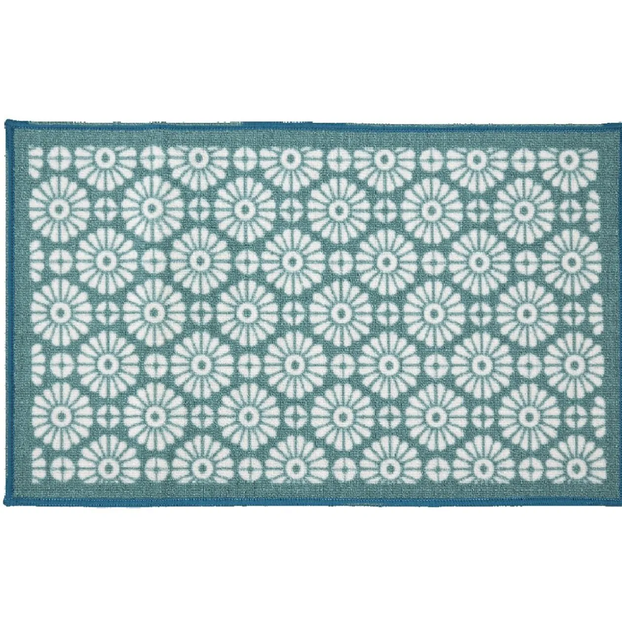 Tapis rétro vert à fleurs blanches bord bleu