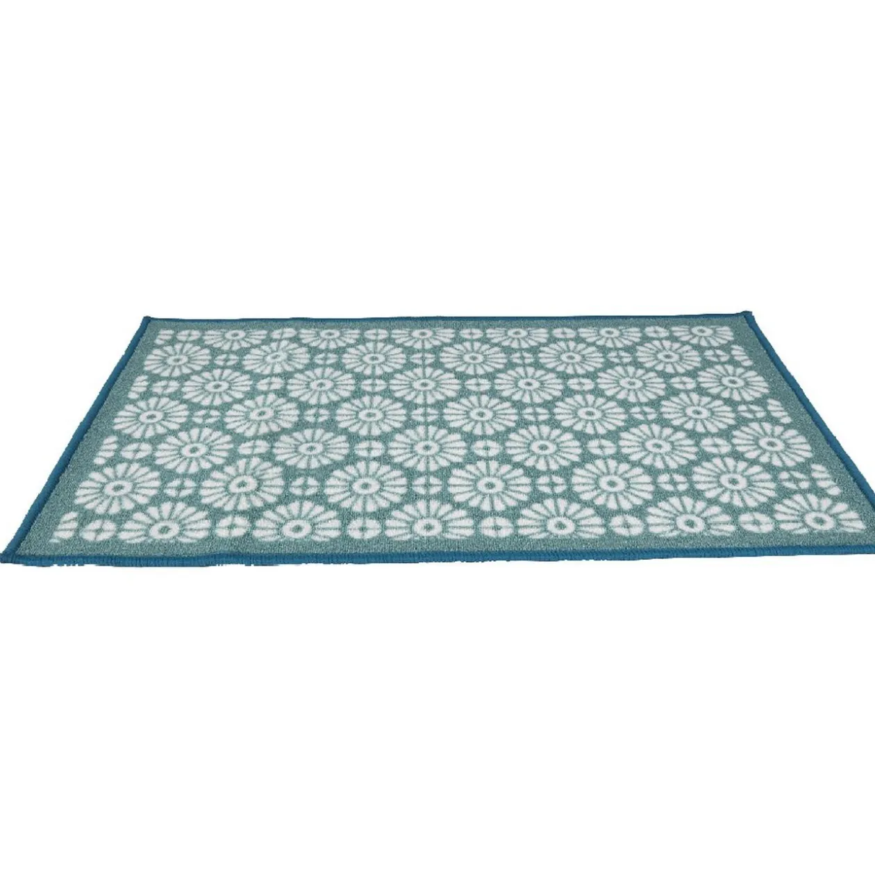 Tapis rétro vert à fleurs blanches bord bleu