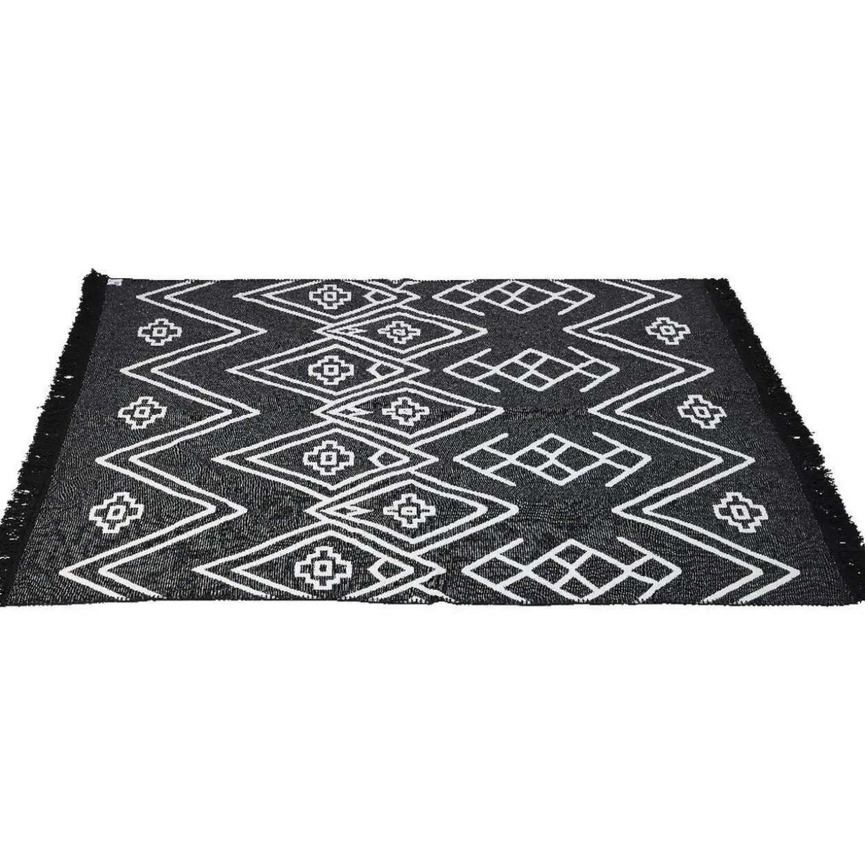Tapis réversible motifs ethniques bicolore noir et blanc
