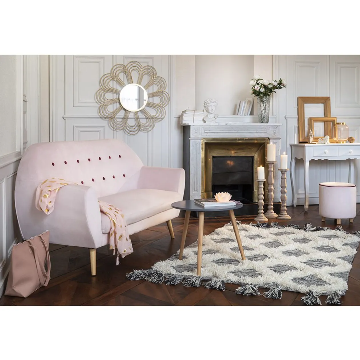 Tapis tissé à franges Etnique gris et blanc