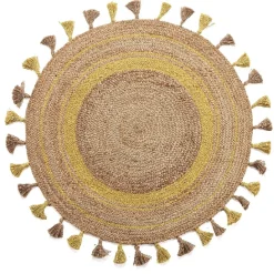 Tapis tissé rond avec pompons naturel et jaune