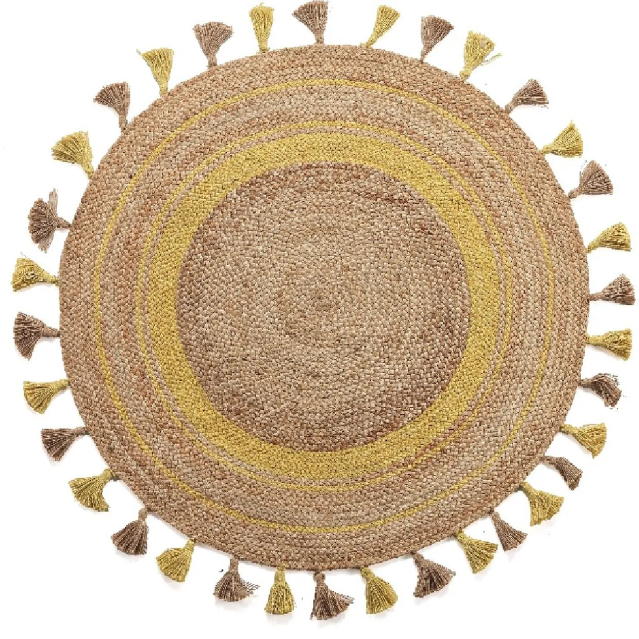 Tapis tissé rond avec pompons naturel et jaune
