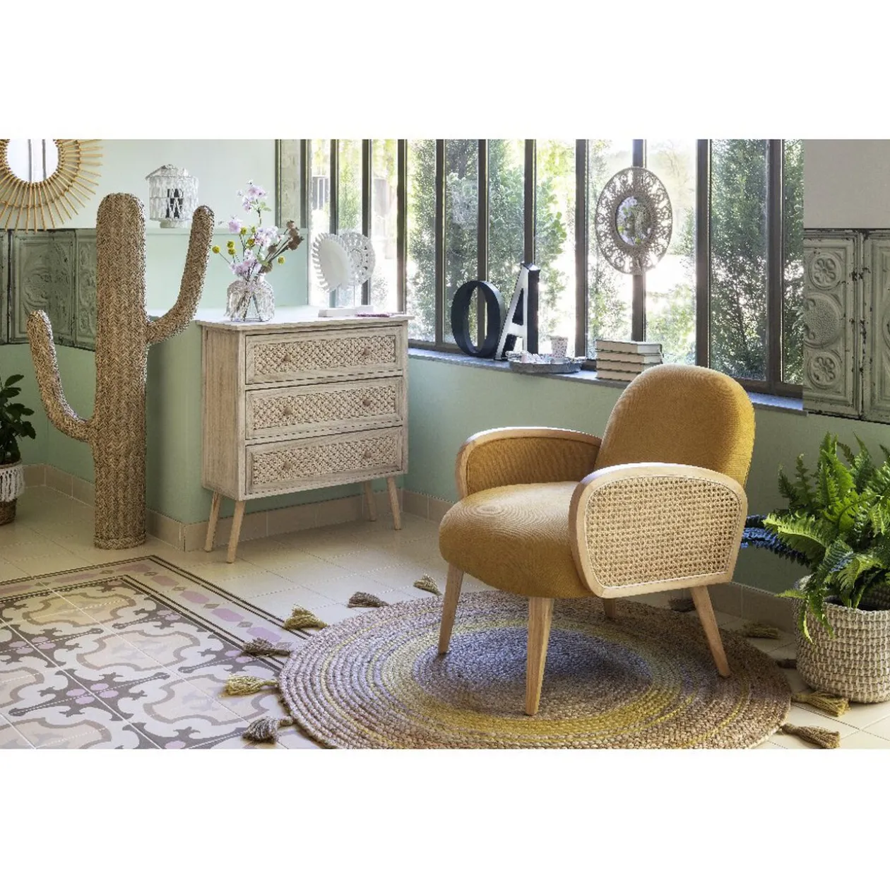 Tapis tissé rond avec pompons naturel et jaune