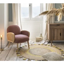 Tapis tissé rond avec pompons naturel et jaune