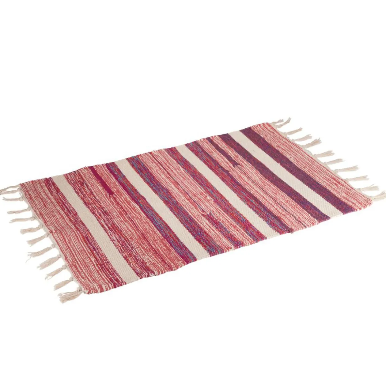 Tapis tressé à franges rayure beige et rouge 100% coton 40x60cm
