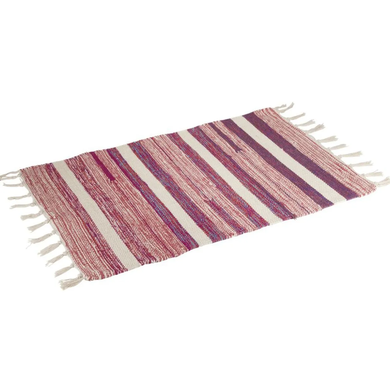 Tapis tressé à franges rayure beige et rouge 100% coton 40x60cm