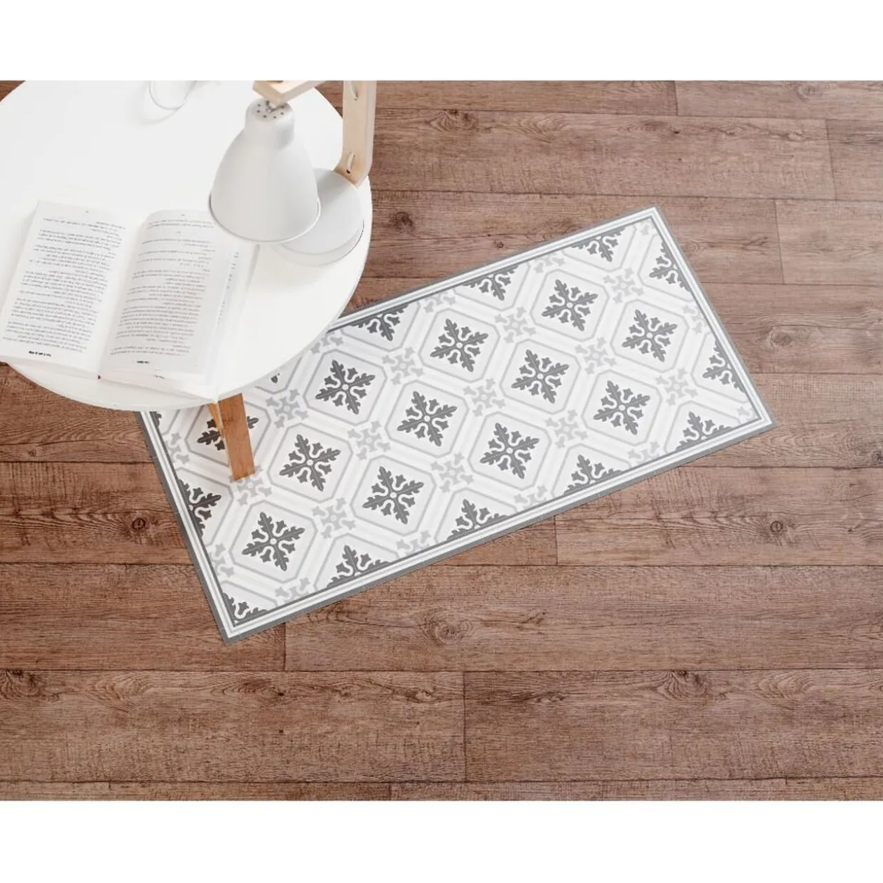 Tapis vinyle motif carreau de ciment blanc et gris 45x95cm