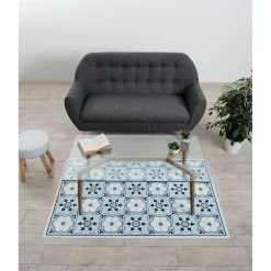 Tapis vinyle motif carreau de ciment bleu et blanc 97x147cm
